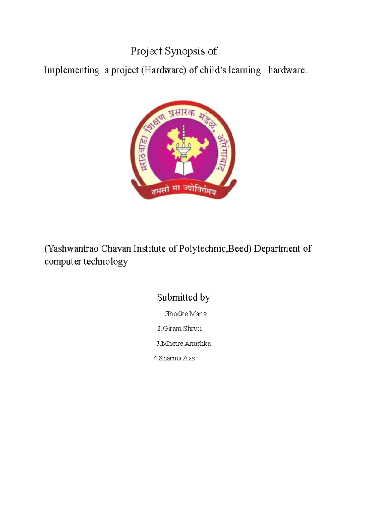 Final project 1 - Project Synopsis of Implementing a project (Hardware ...