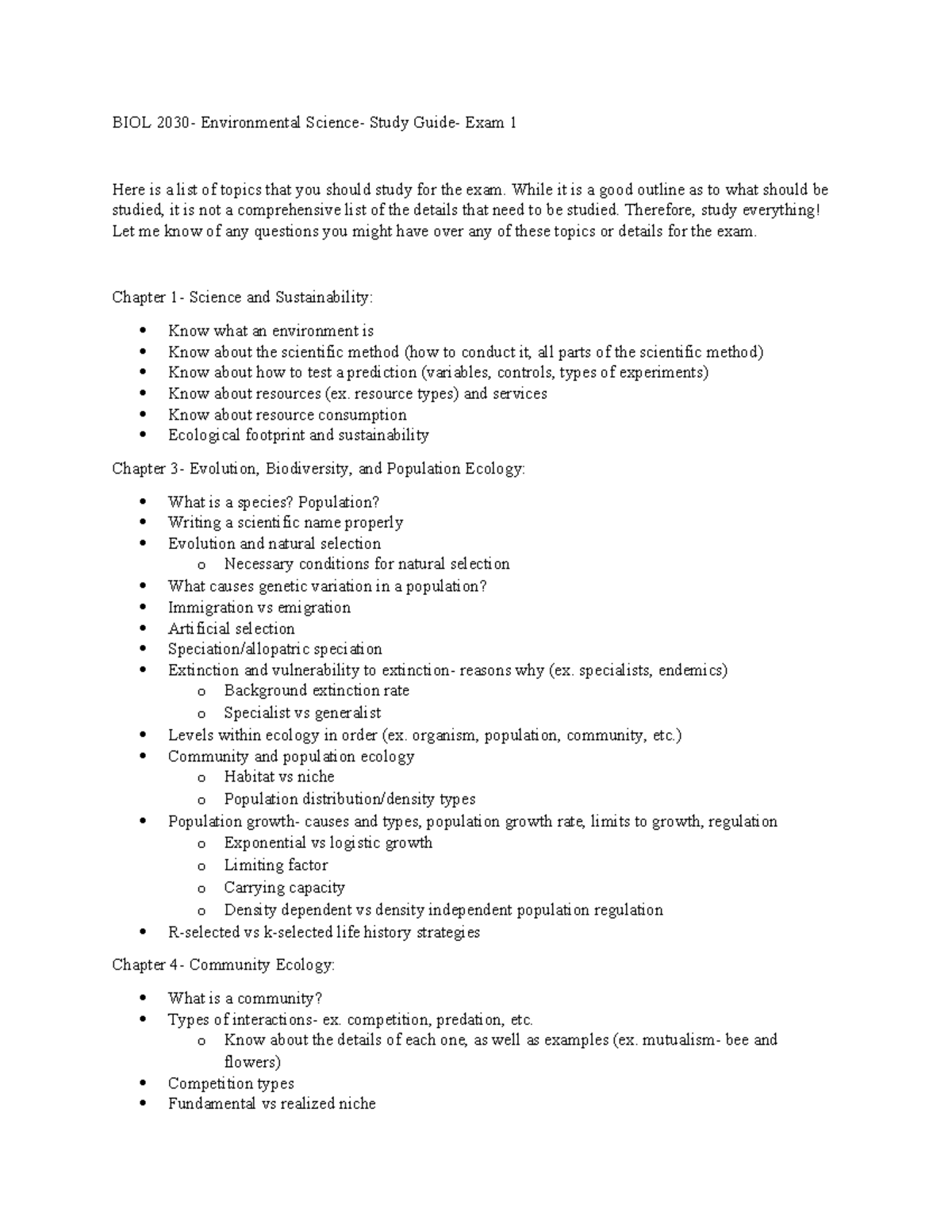 BIOL 2030 - Environmental Science - Study Guide for Exam 1 Review - Studocu