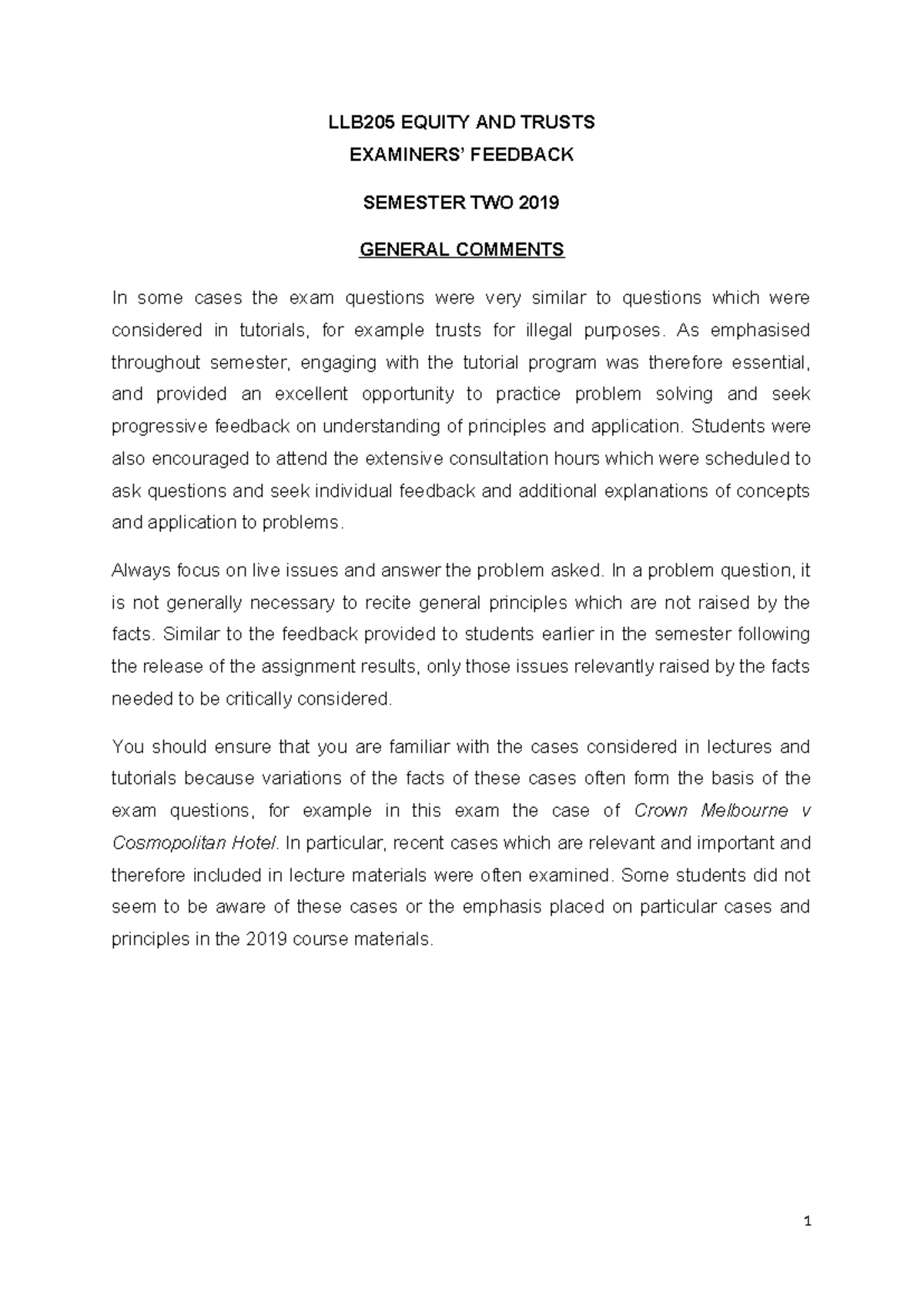 LLB205 EQUITY AND TRUSTS SEMESTER TWO 2019 EXAM FEEDBACK SUMMARY - Studocu