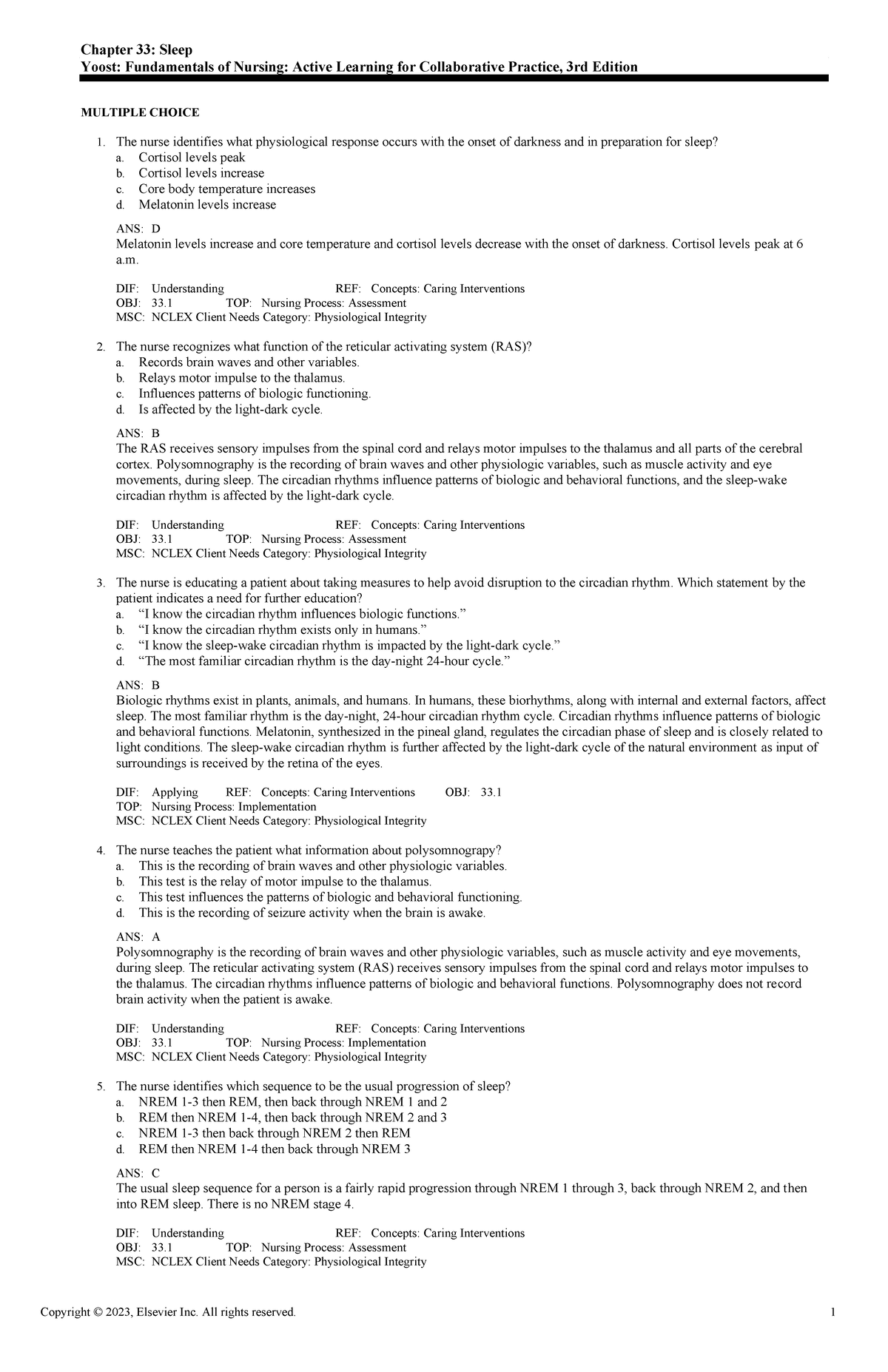 Exam View - Nursing Process: Sleep and Circadian Rhythms (Chapter 33 ...