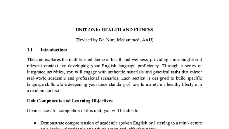 UNIT ONE: HEALTH AND FITNESS - Language Proficiency and Wellness ...