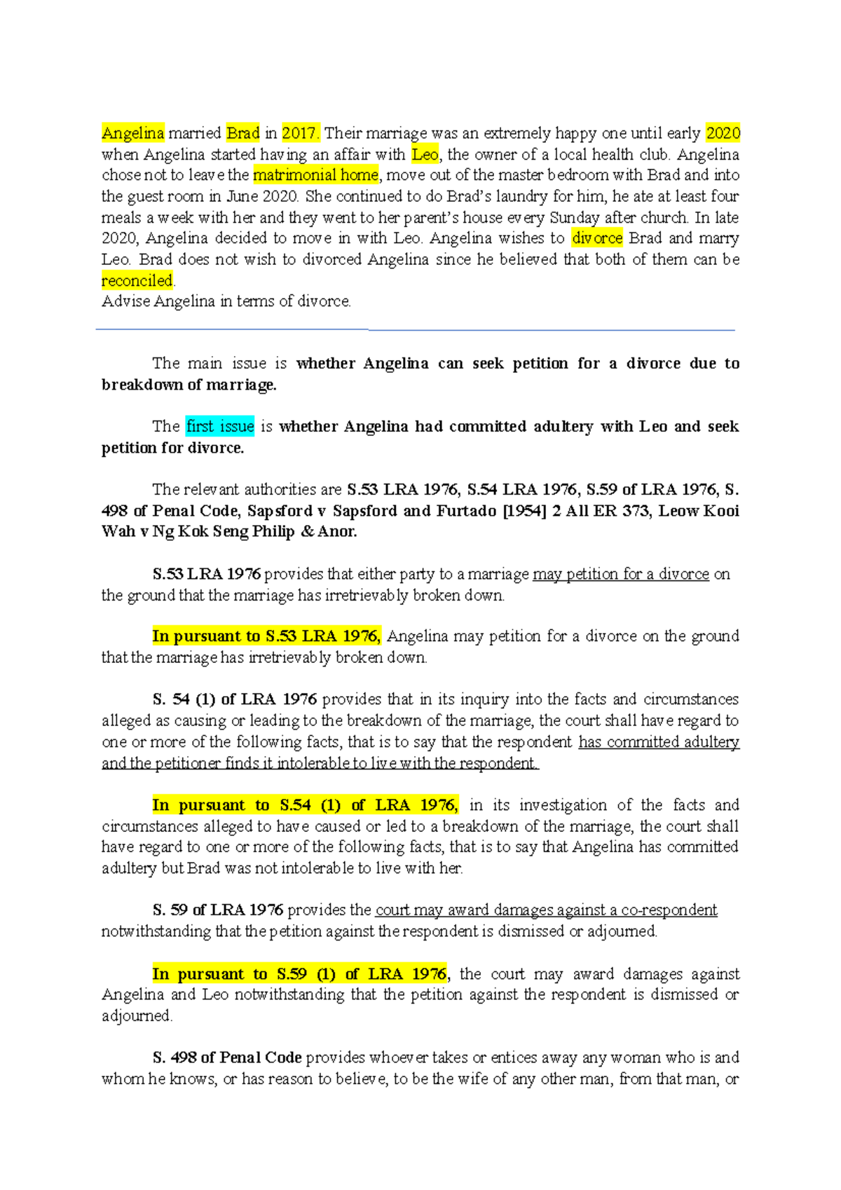 Family Law Case Study: Angelina's Divorce Petition Analysis - Studocu