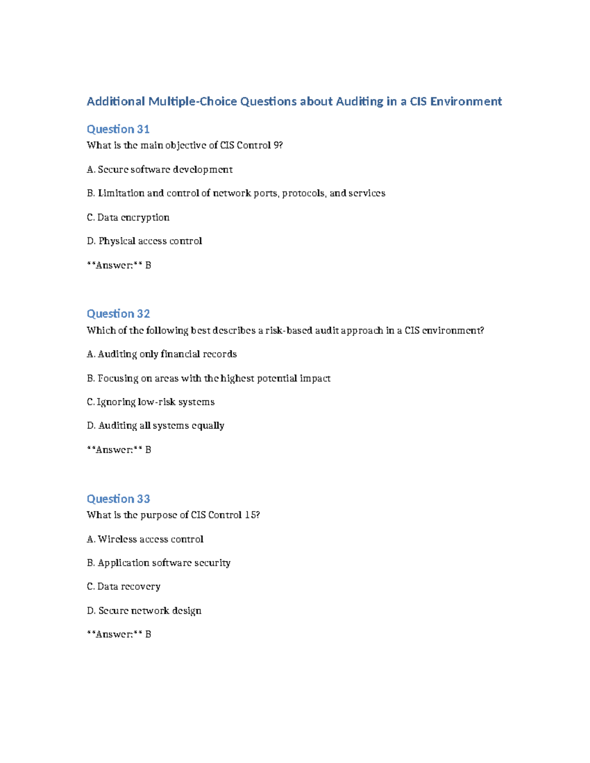 CIS Auditing MCQs: Key Concepts and Control Objectives - Studocu