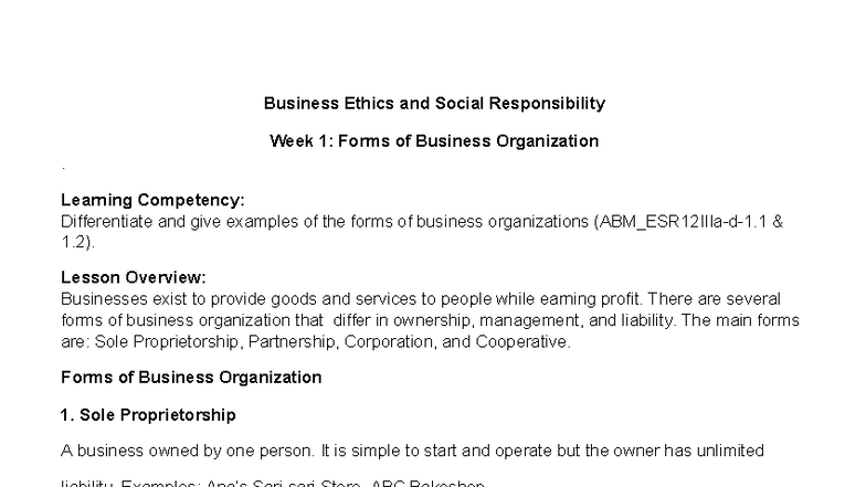 BUS 101: Week 1 - Forms of Business Organization Overview - Studocu