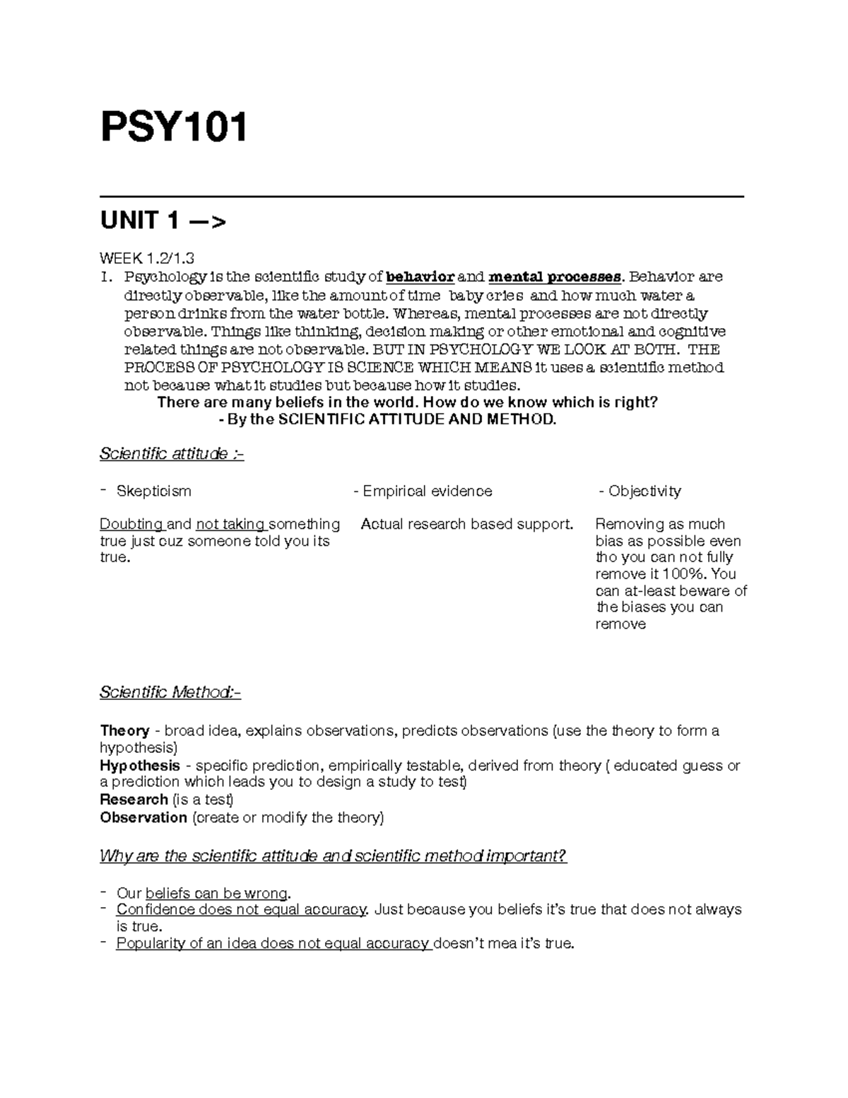 PSY101 - Comprehensive Class Notes on Psychology Concepts - Studocu