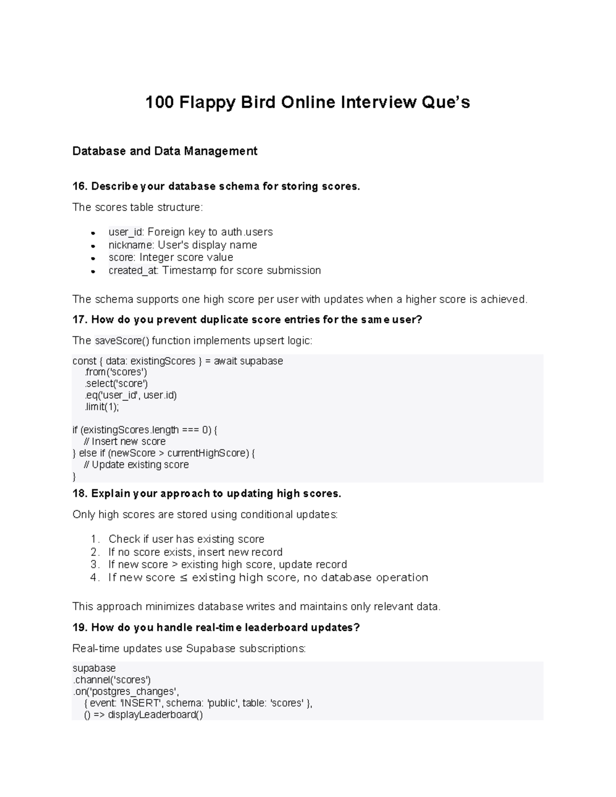 100 Flappy Bird Online Interview Questions & Database Management - Studocu