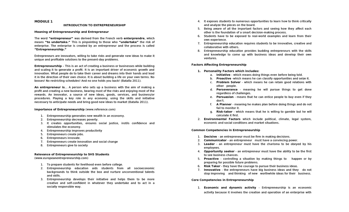 Entrepreneurship: Concepts & Opportunities in Module 1 (ENT 101) - Studocu