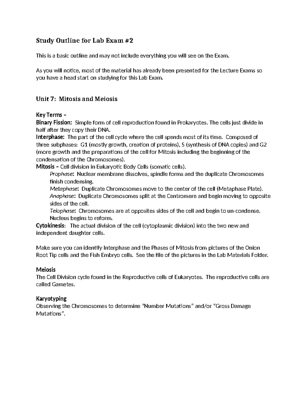 Laboratory Exam 2 Study Guide: Mitosis, Meiosis & Ecology Concepts ...