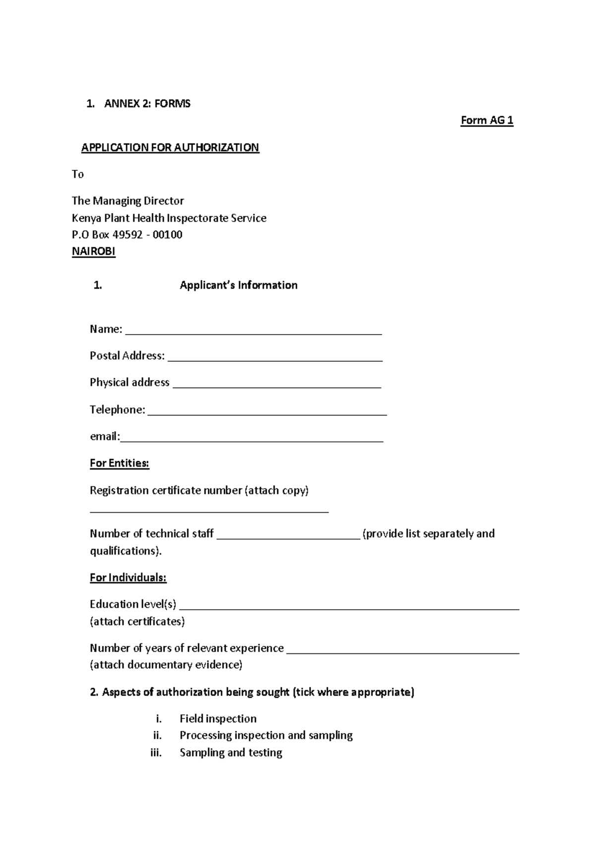 Application for authorization - 1. ANNEX 2: FORMS Form AG 1 APPLICATION ...