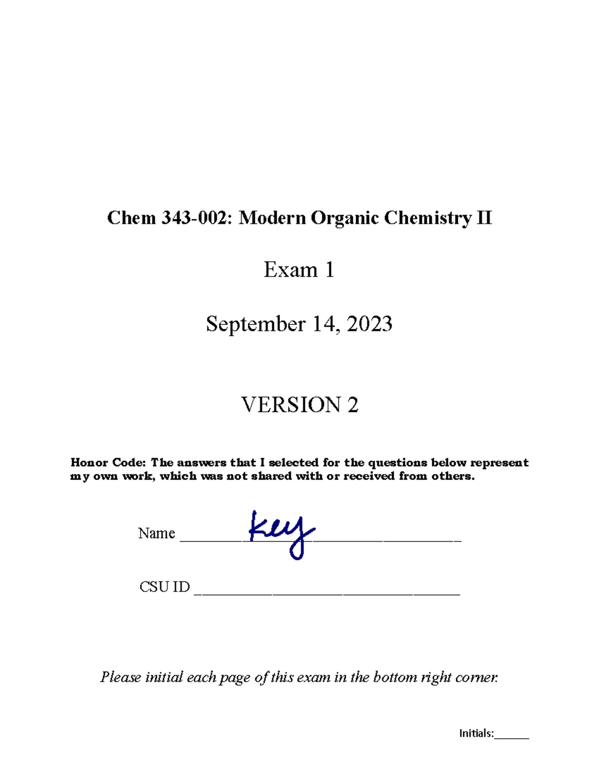 CHEM 343 exam 1 version 1 2023 - Chem 343-002: Modern Organic Chemistry ...