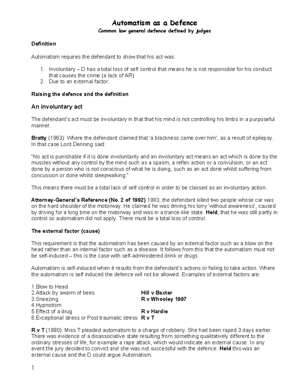 Automatism as a Defence: Common Law Overview and Key Cases - Studocu