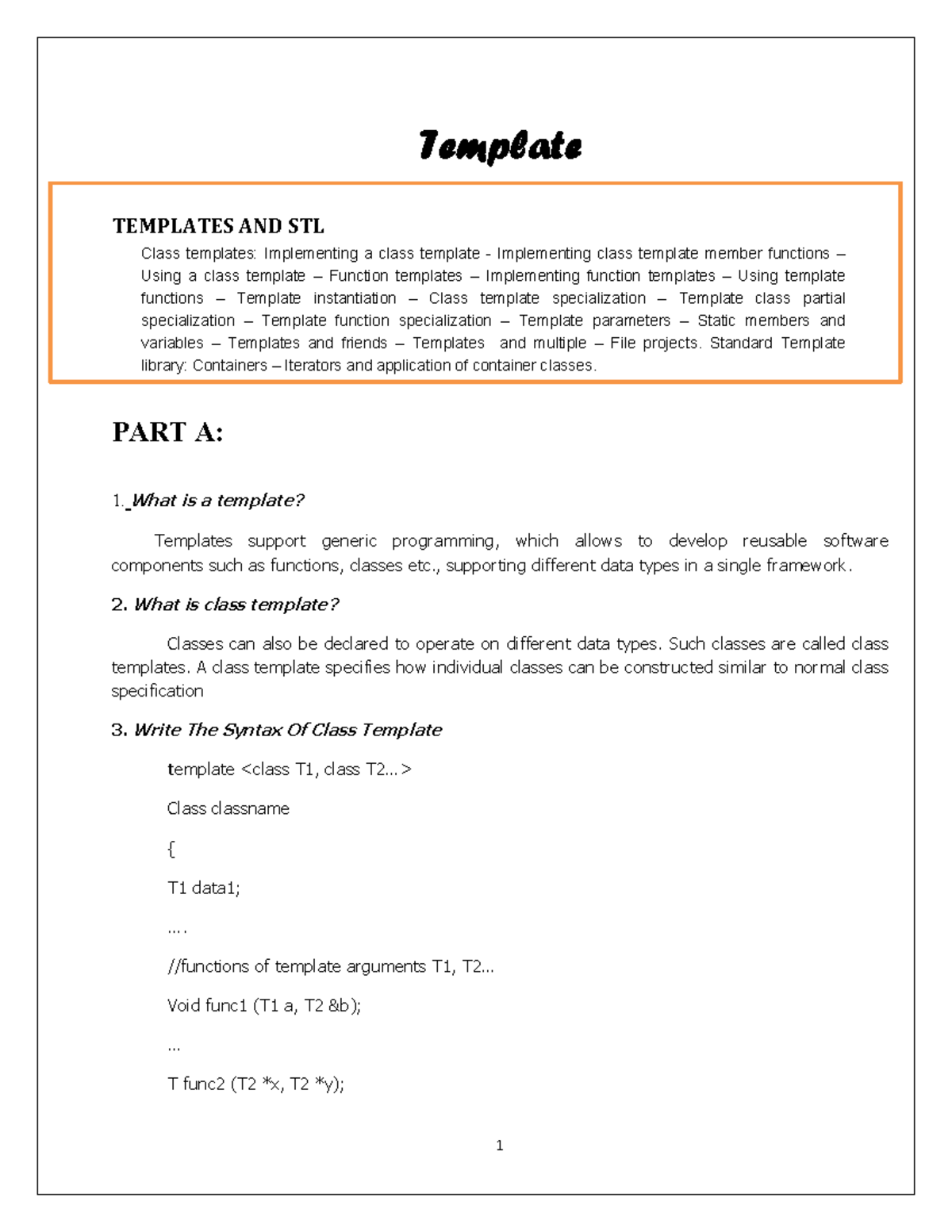 C++ Unit V - Templates and STL Detailed Notes Guide - Studocu