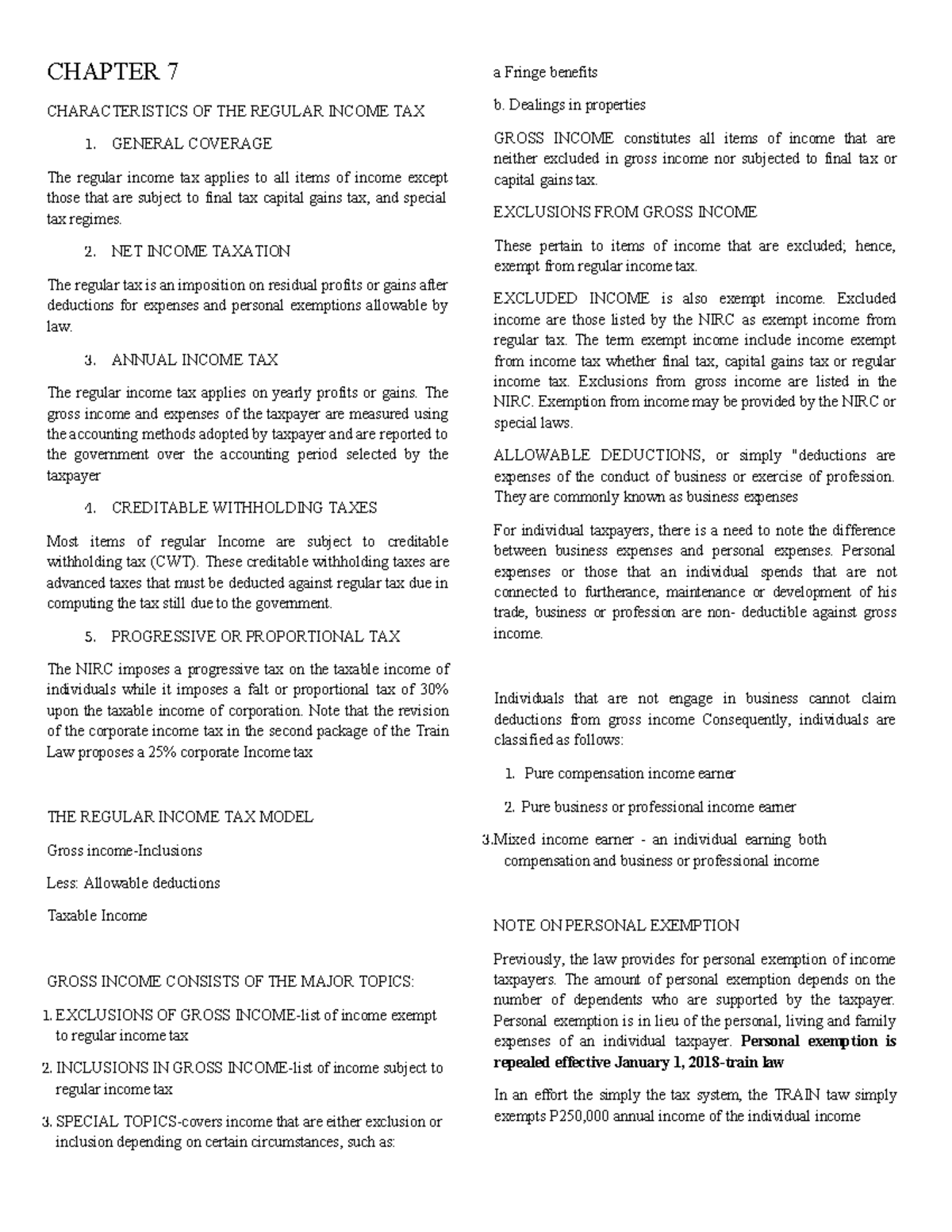 Chapter 7 - Summary of Key Aspects of Income Taxation - Studocu