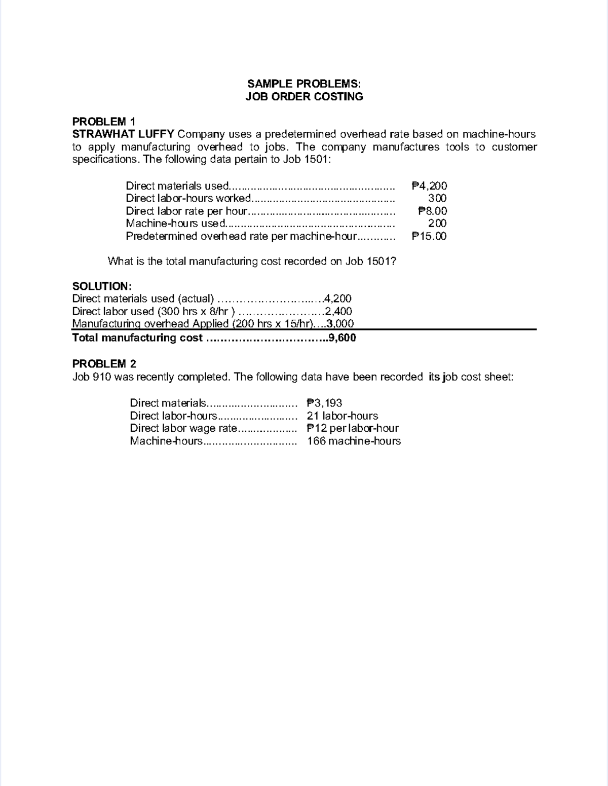 ZMLQBN QYGIBNLZ8: Sample Problems on Job Order Costing - Studocu