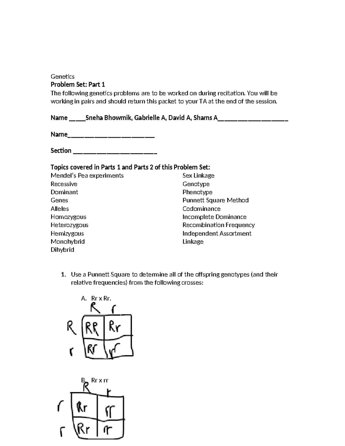 Genetics Problems Part1 W22 - Genetics Problem Set: Part 1 The ...