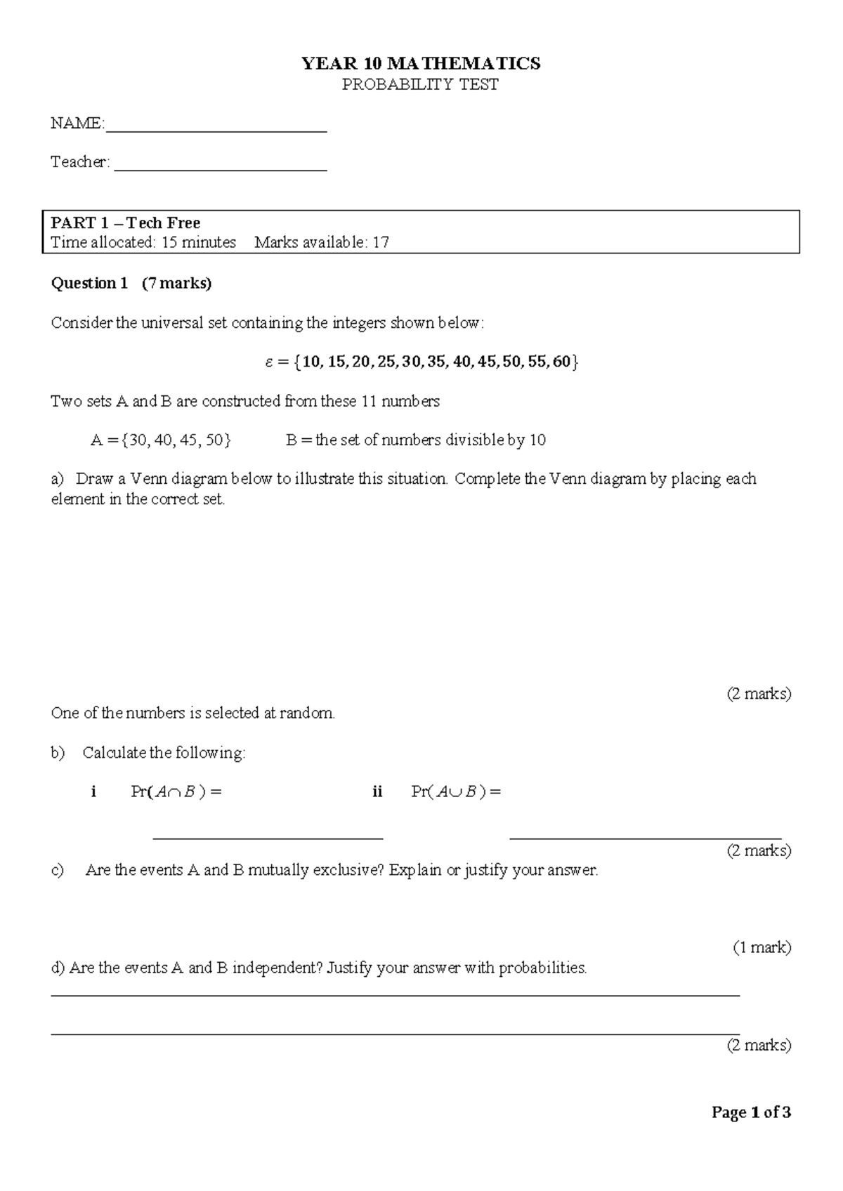 YEAR 10 MATHEMATICS: PROBABILITY PRACTICE TEST - Studocu