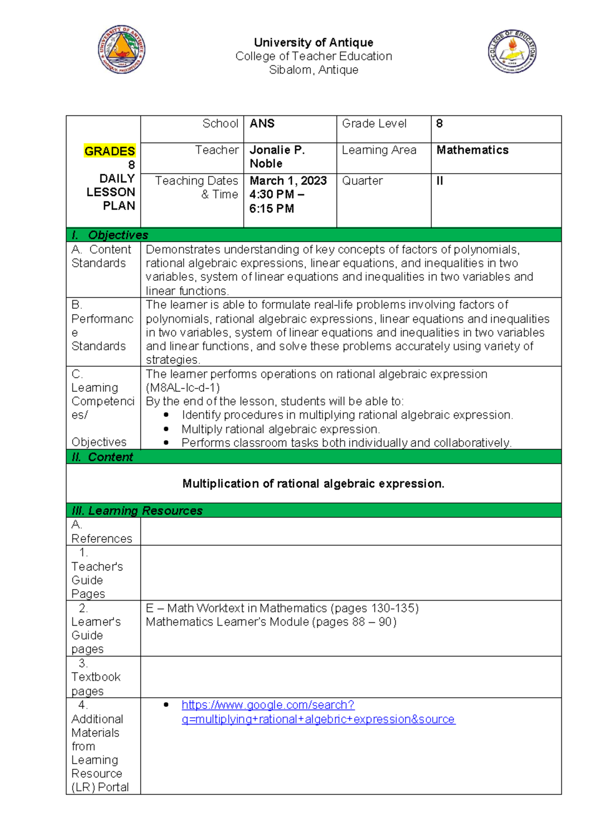 Grade 8 DLP 1: Multiplication of Rational Algebraic Expressions - Studocu