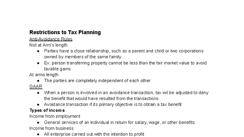 Tax Planning Restrictions and Income Types: Key Insights (Course Code ...