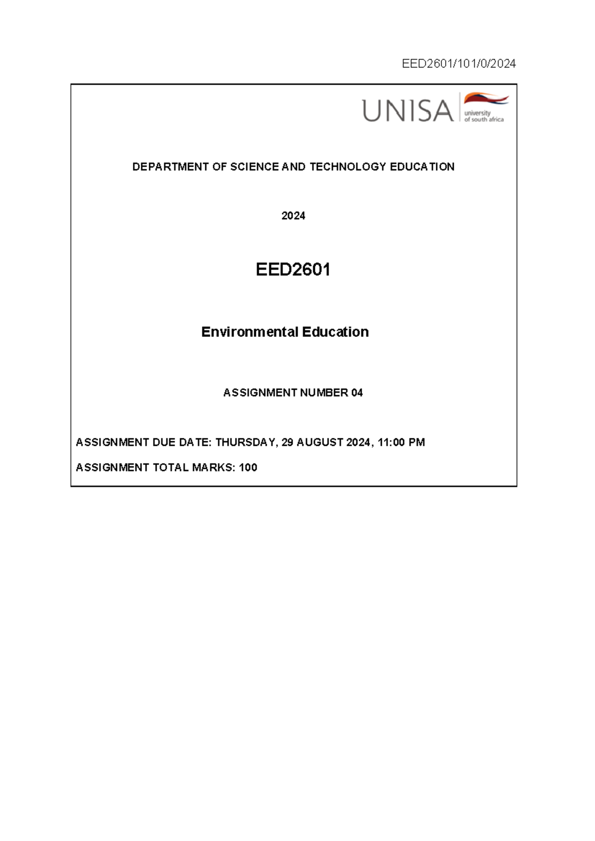 EED2601 Environmental Education Assignment 04 Guidelines 2024 - Studocu