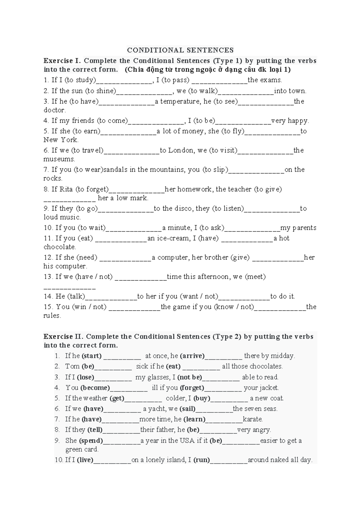 Conditional Sentences Exercises (Type 1, 2, 3) - BT - Studocu