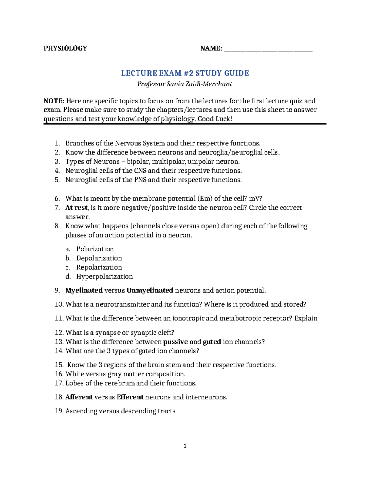 PHYS 101 LECTURE EXAM #2 STUDY GUIDE: KEY PHYSIOLOGY CONCEPTS ...