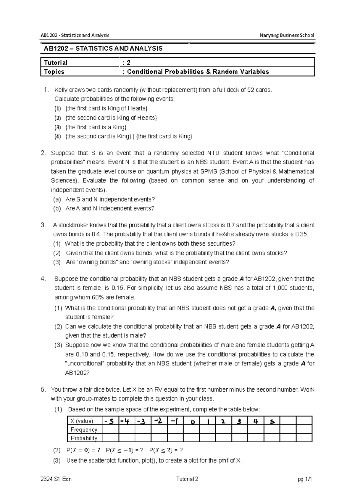 Stats week 2 - tutorial workings - AB1202 - Statistics and Analysis ...