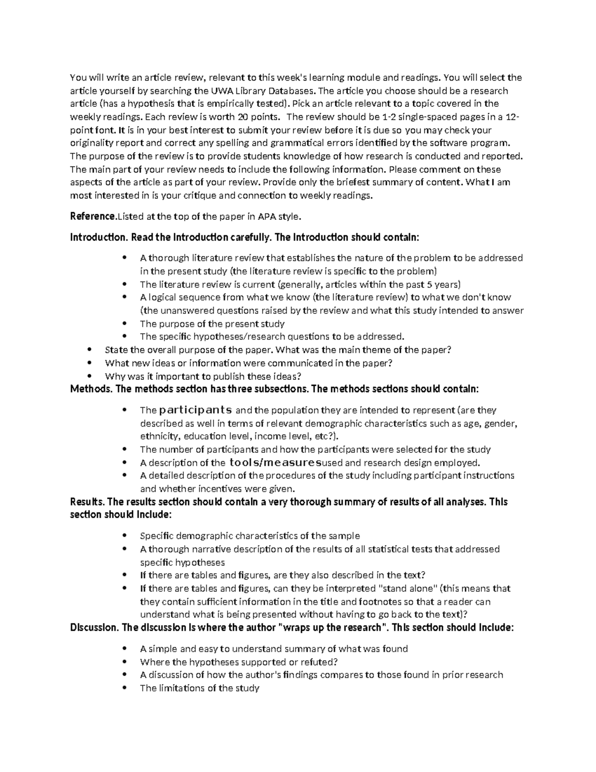 UWA Article Review Instructions: Writing a Comprehensive Critique - Studocu