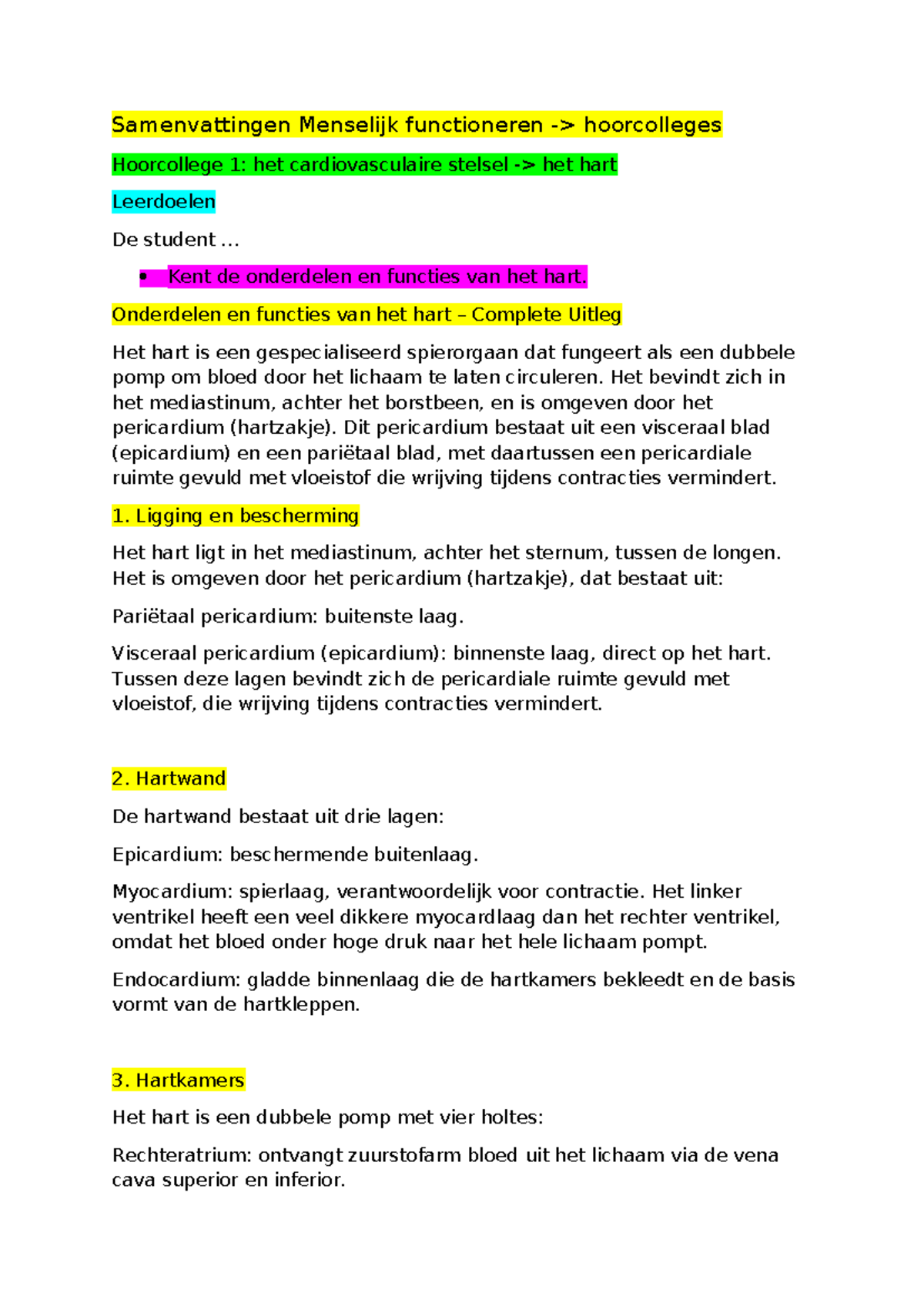 Samenvattingen Menselijk Functioneren Hoorcollege 1: Cardiovasculair ...