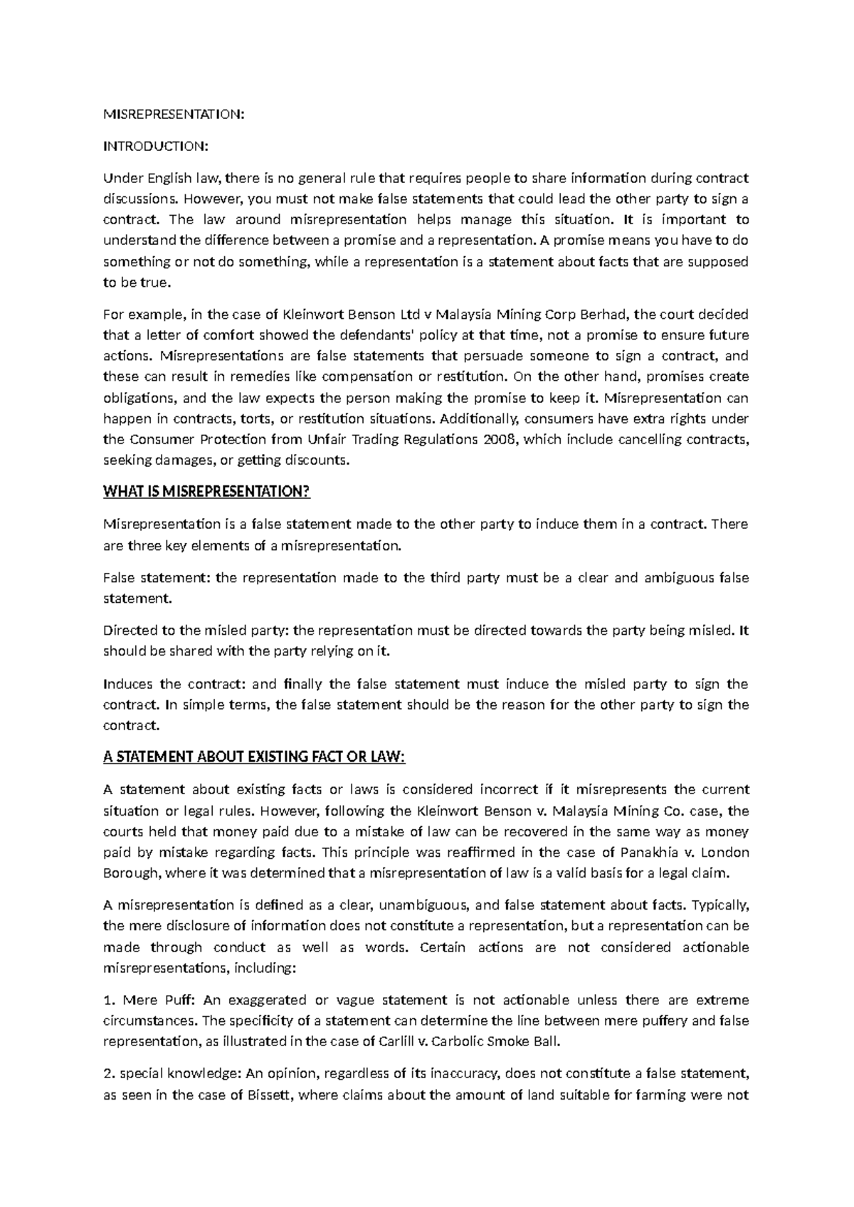 Misrepresentation - misrep essay - MISREPRESENTATION: INTRODUCTION ...