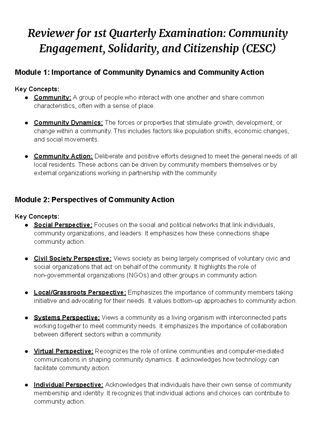 CESC 1st Quarterly Exam Reviewer: Community Engagement & Dynamics - Studocu