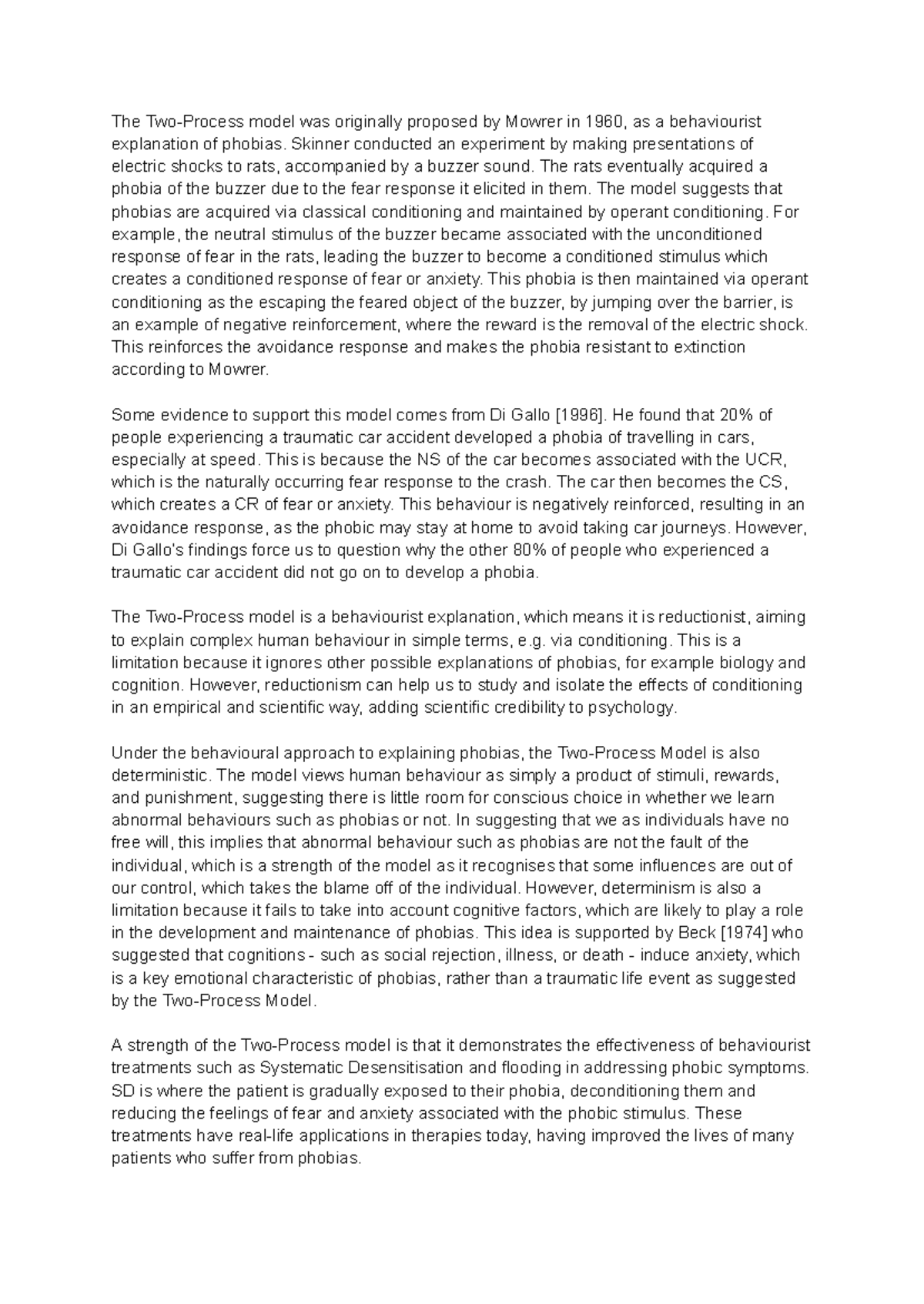 Evaluation of Mowrer's Two-Process Model of Phobias - Studocu