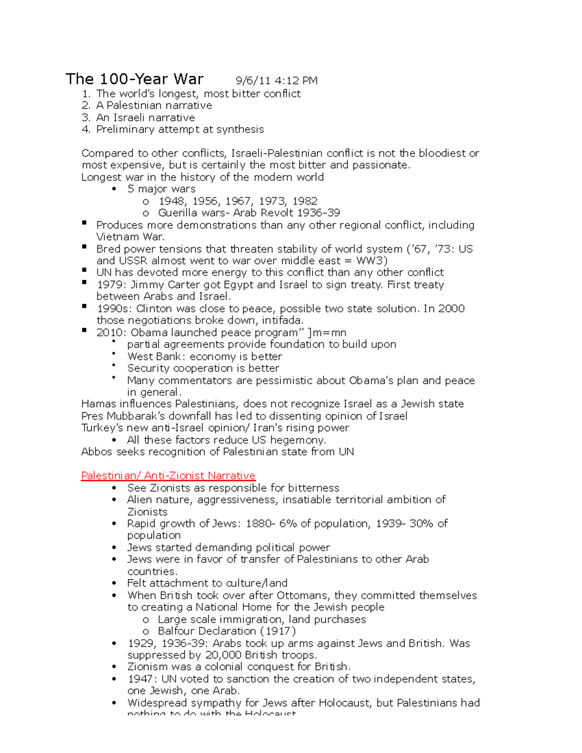 ARAB 100-Year Israeli-Palestinian Conflict Notes - Studocu