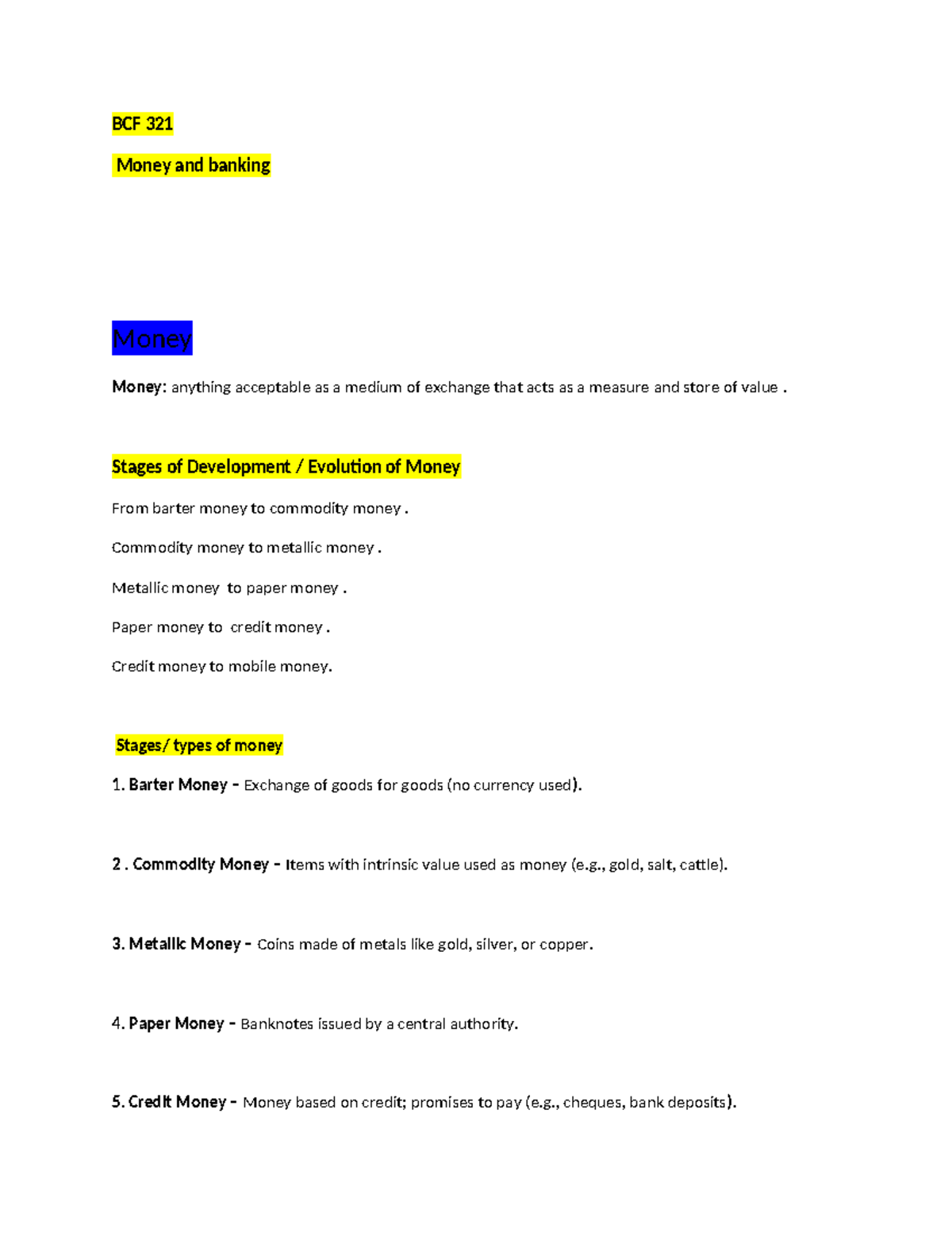 BCF 321 Money and Banking: Evolution, Functions, and Importance - Studocu