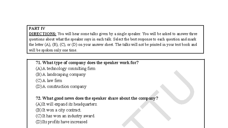 Listening Practice: Part IV Directions & Questions (N TT U, FL C) - Studocu
