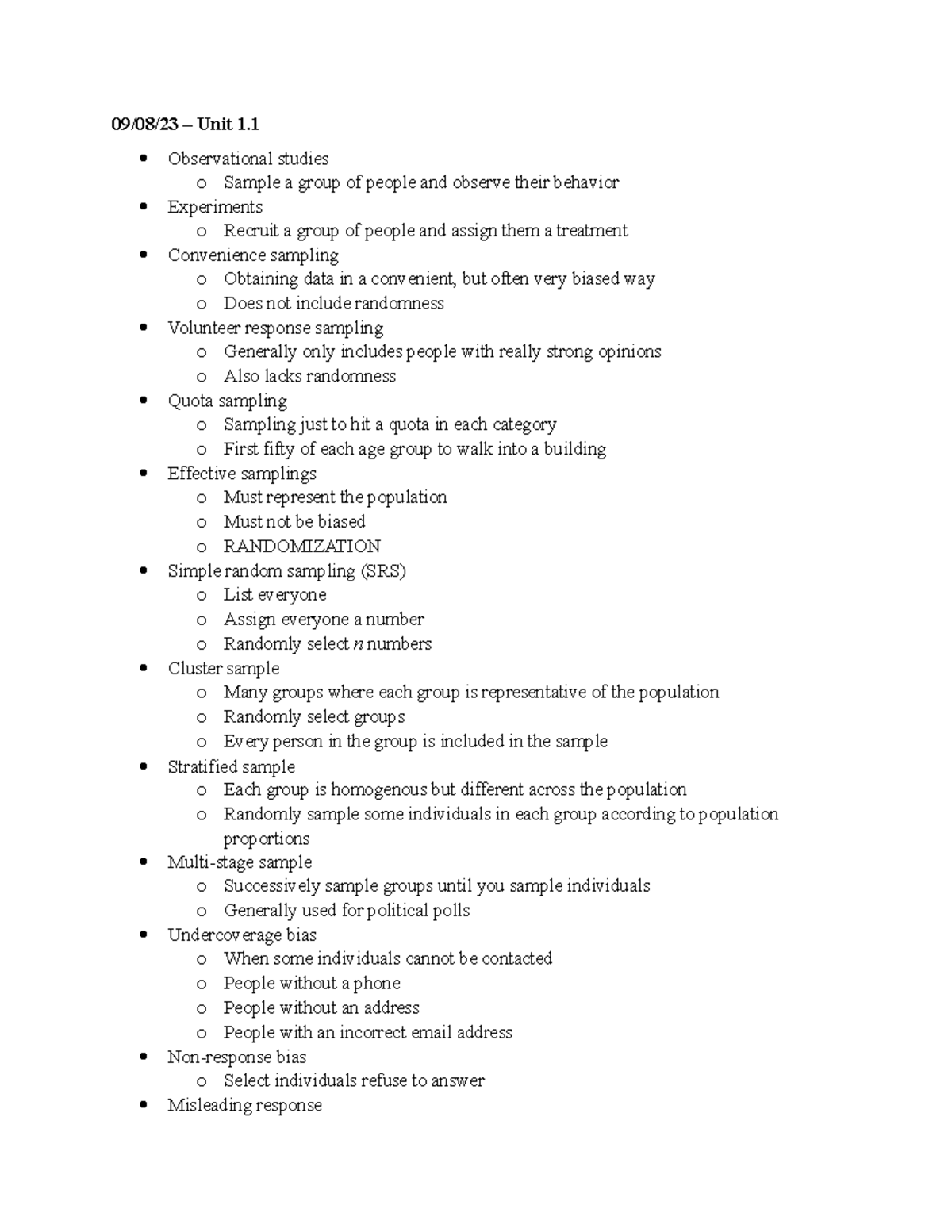In-Class Notes for Stats Course: Units 1-7 Overview - Studocu