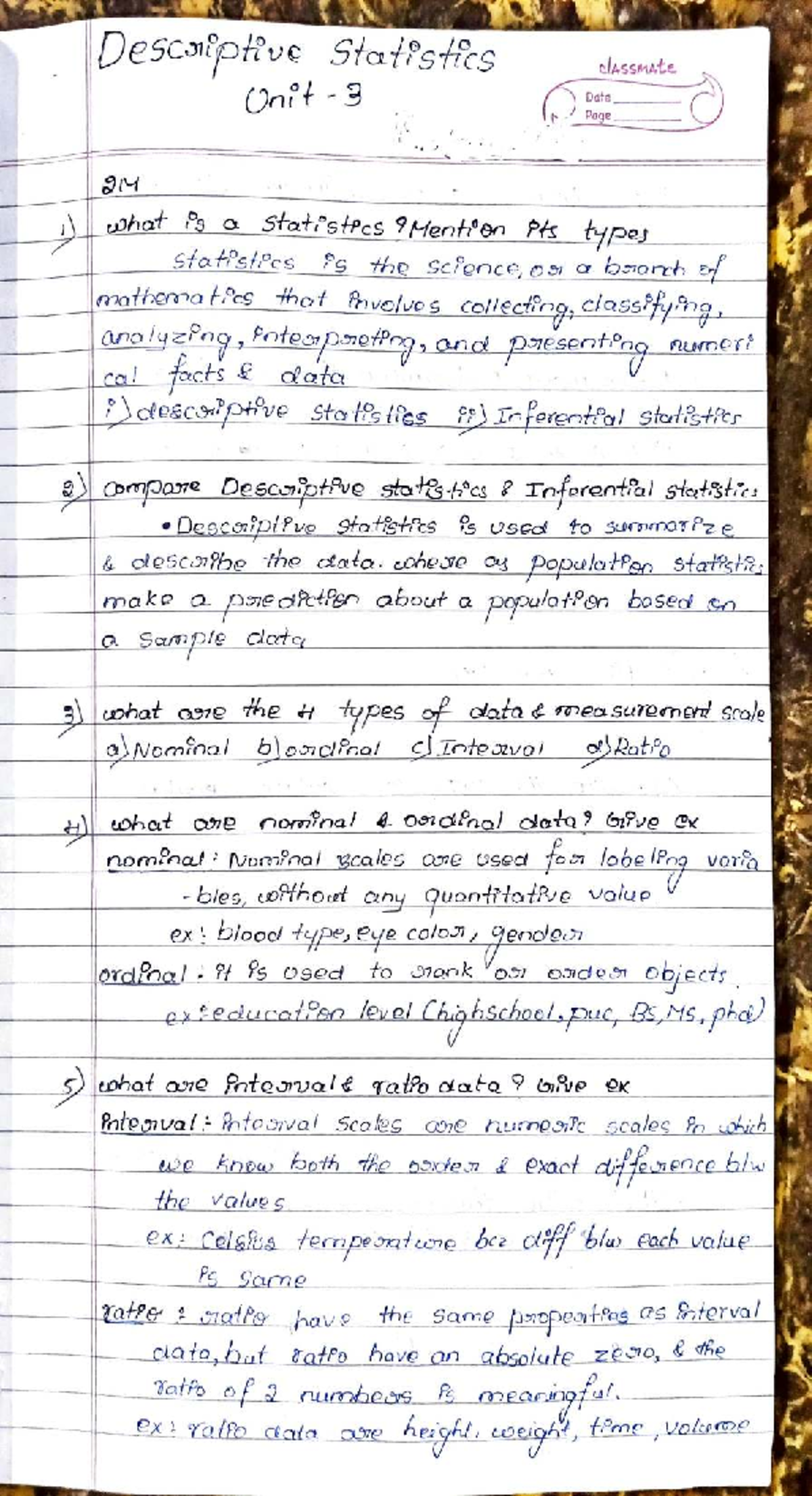 Unit 3 Statistics Notes: Descriptive & Inferential Analysis - Studocu