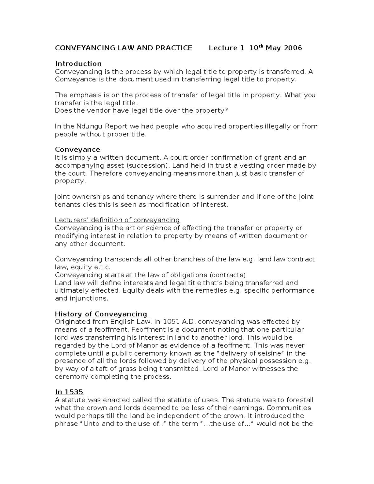 Conveyancing Law and Practice: Lecture 1 Overview and Historical ...