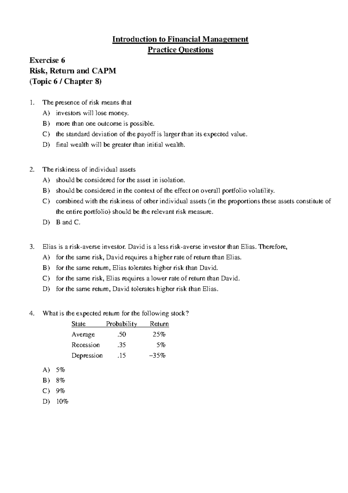 Financial Management Practice Questions: Risk, Return & CAPM (Topic 6 ...