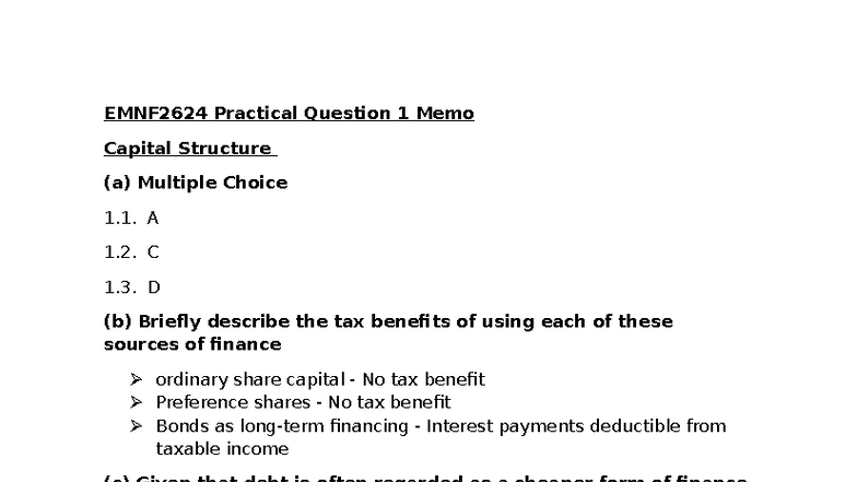 EMNF2624 Practical Question 1 Memo on Capital Structure Analysis - Studocu