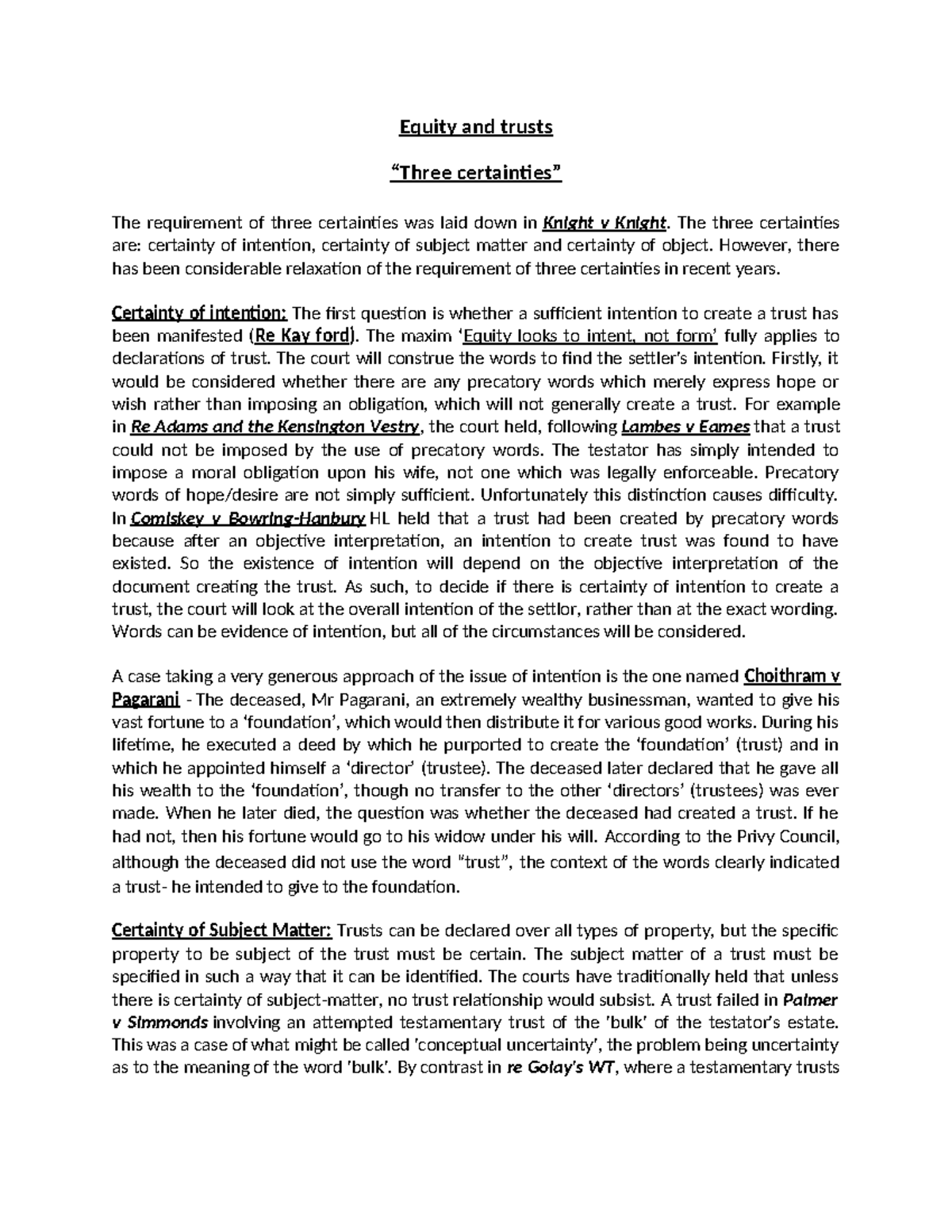 Three Certainties in Equity & Trusts: Key Cases & Principles - Studocu