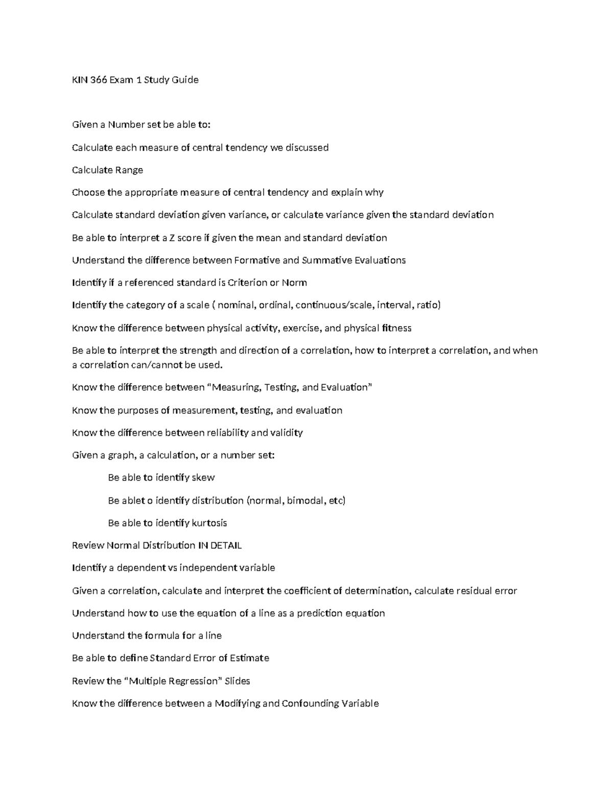 Study Guide Exam 1 - KIN 366 Exam 1 Study Guide Given a Number set be ...