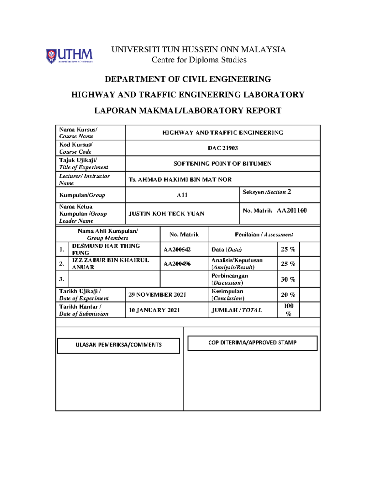 Final Lab Report on Softening Point of Bitumen - DAC 21903 - Studocu