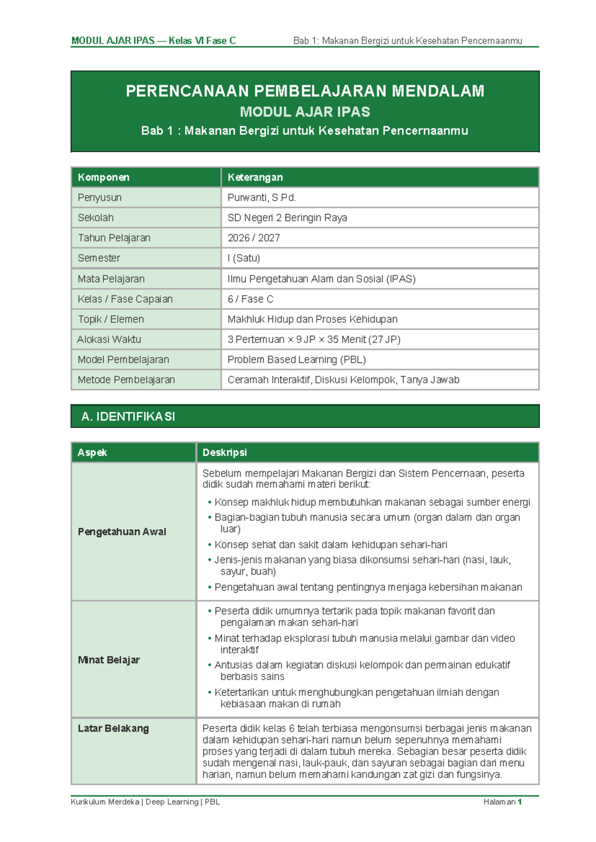 Modul Ajar IPAS Kelas VI Fase C: Makanan Bergizi untuk Kesehatan Pencernaan - Document Preview