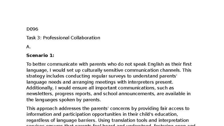 D096 Task 3: Strategies for Effective Professional Collaboration - Studocu
