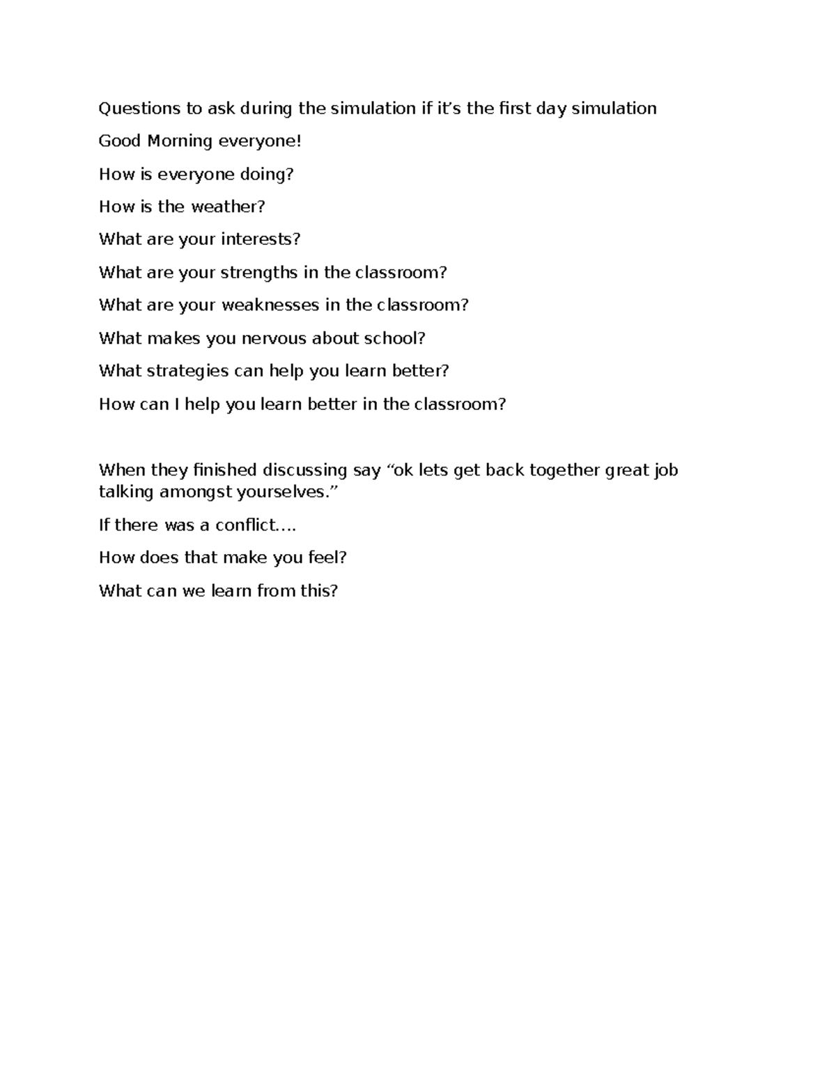 Questions to ask during the first day simulation - Questions to ask ...
