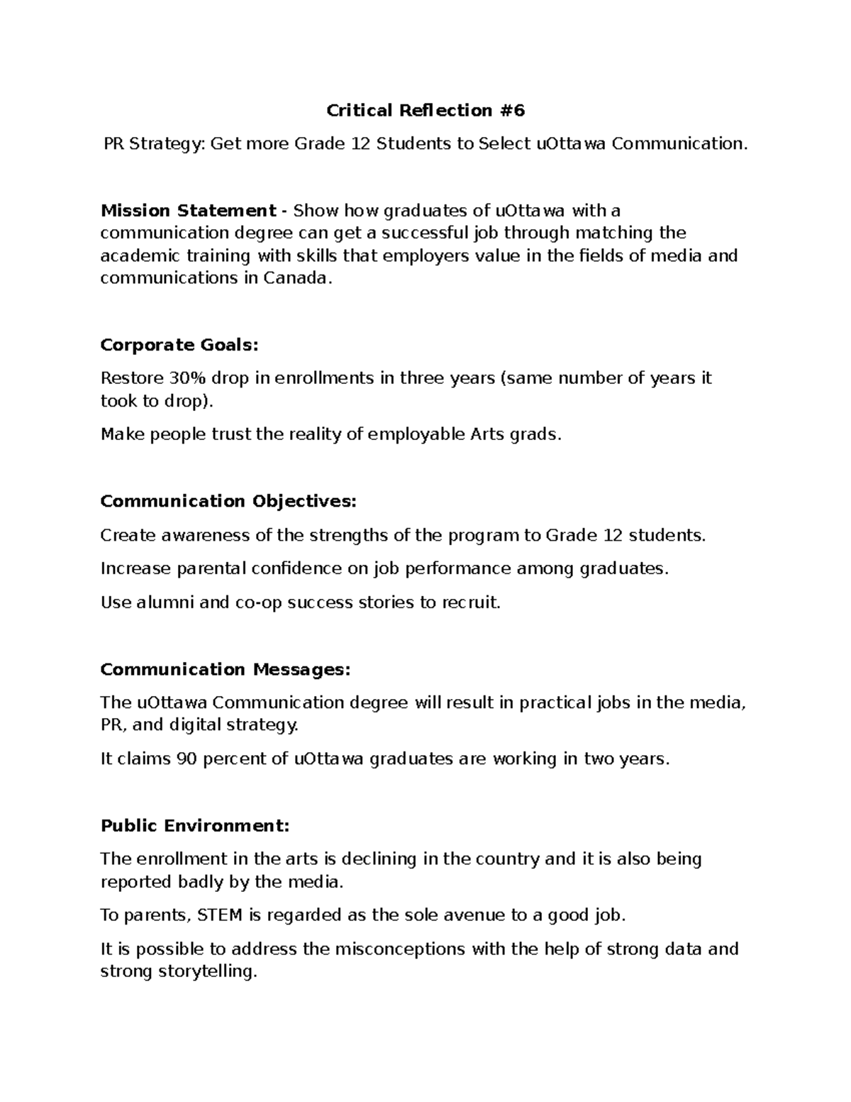 Critical Reflection #6: PR Strategy for uOttawa Comm Degree - Studocu