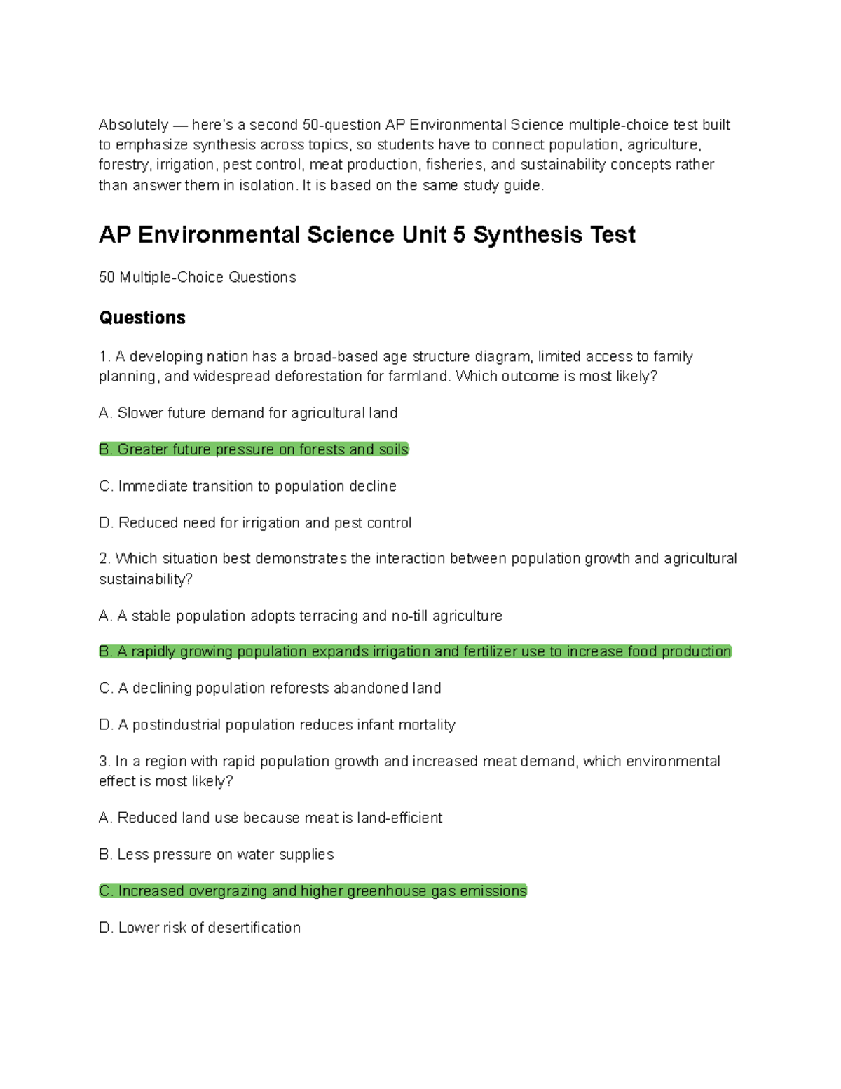 APES Unit 5 Synthesis Practice Test: Connecting Environmental Concepts ...