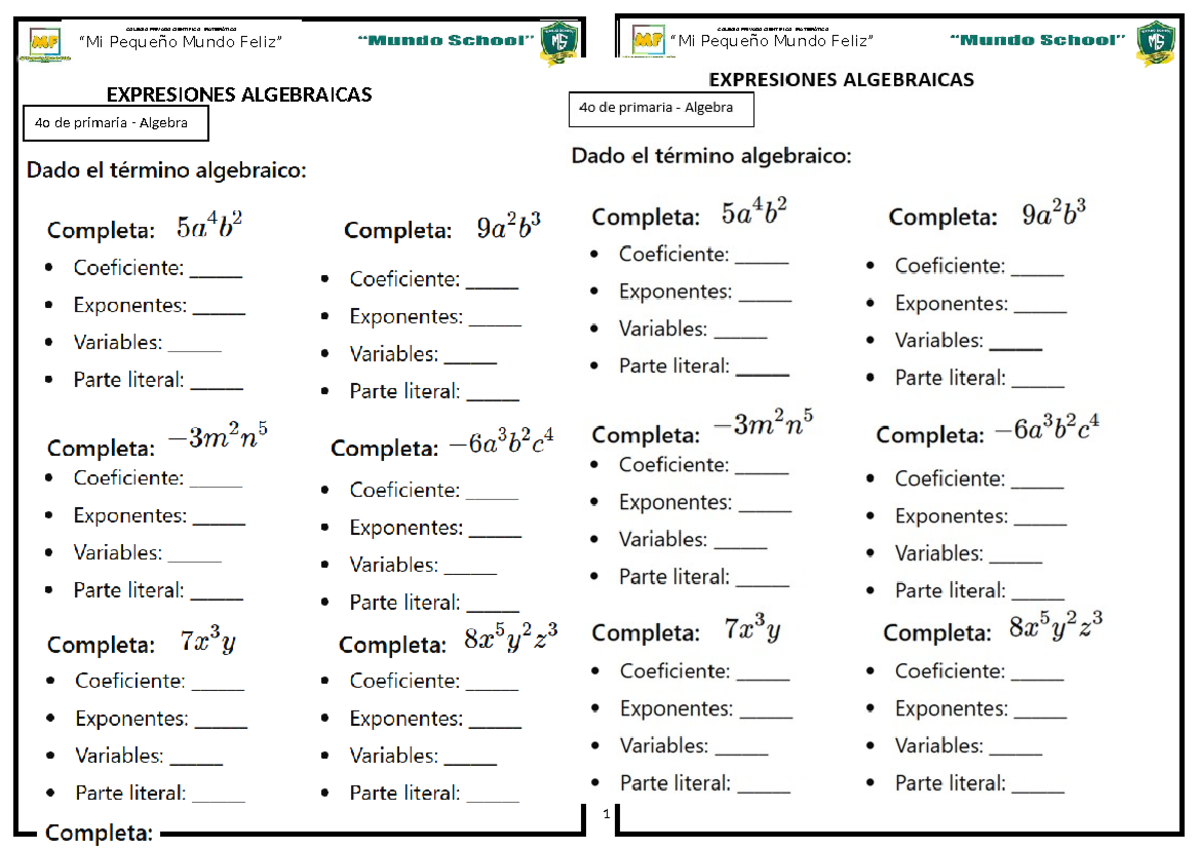 Expresiones Algebraicas 44TO DE Primaria - Matematica - S E M A N A D E ...