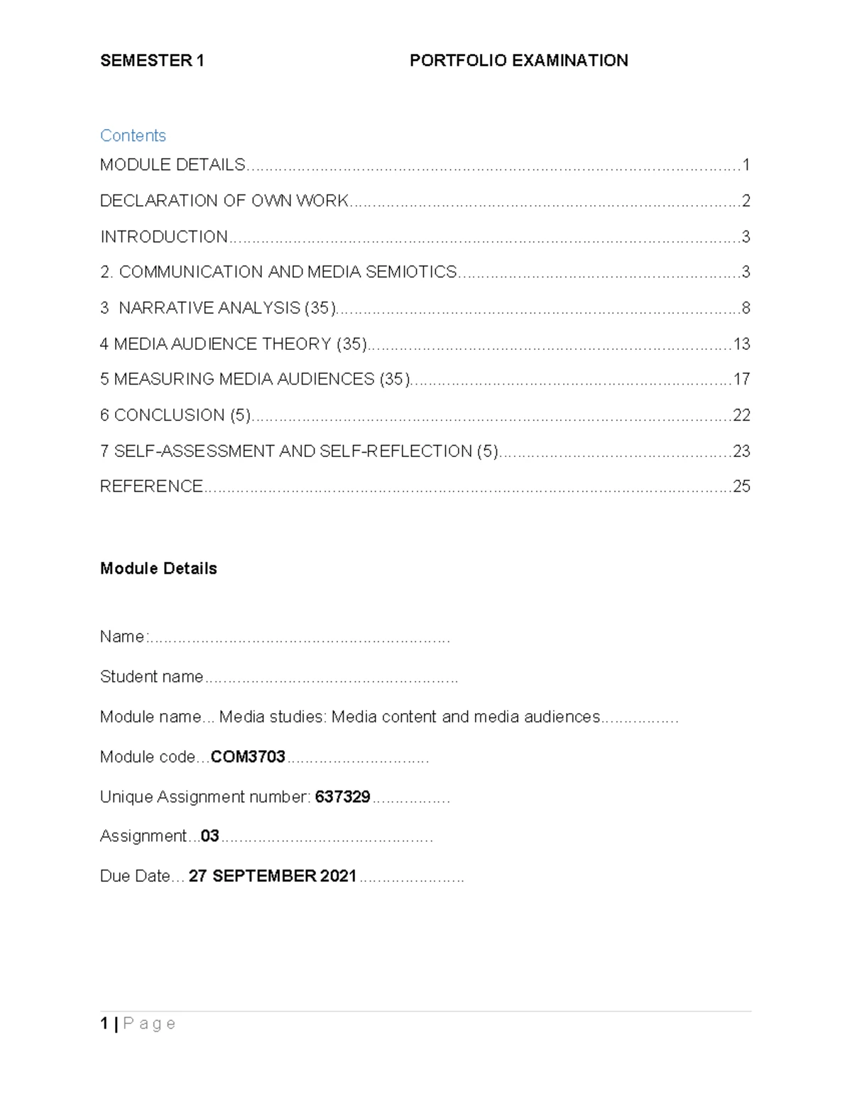 COM3703 Semester 1 Portfolio Examination 2021: Media Analysis and ...