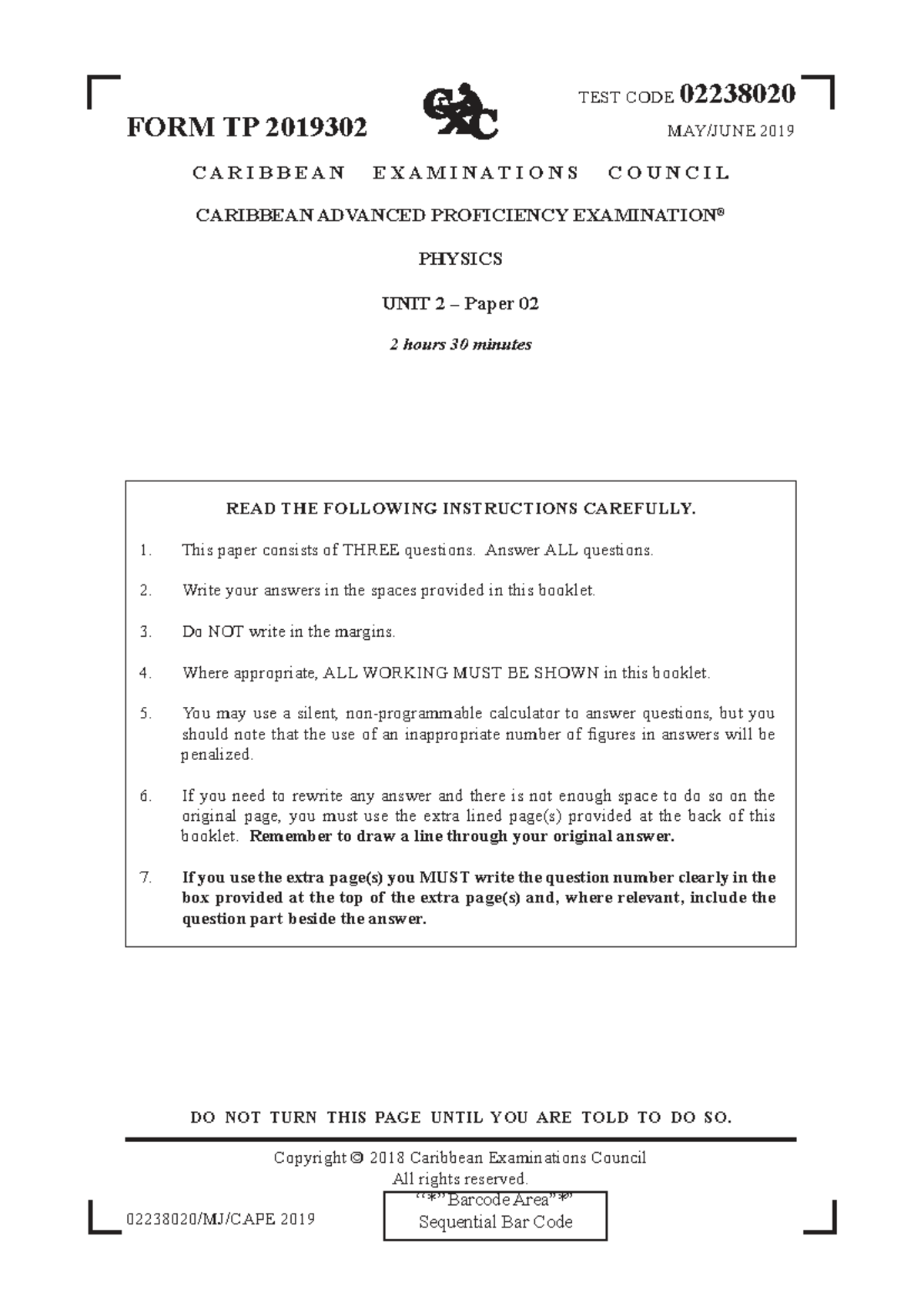 CAPE Physics Unit 2 - 2019 Past Paper Exam Paper 02 - Studocu